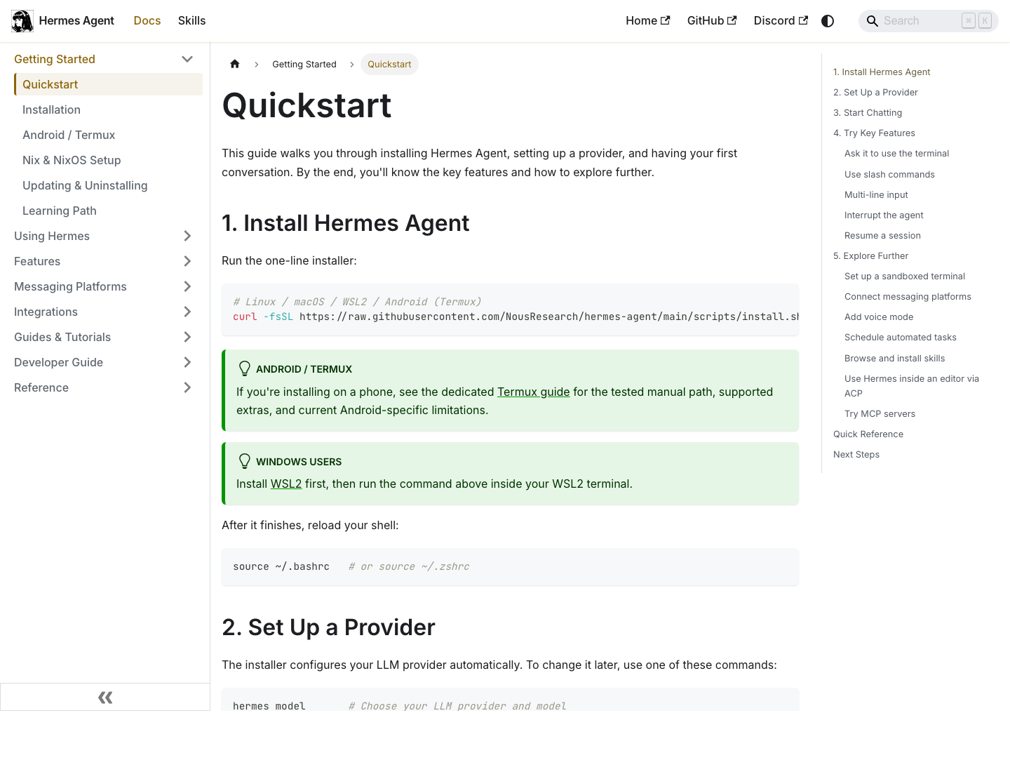 Hermes Agent official quickstart page